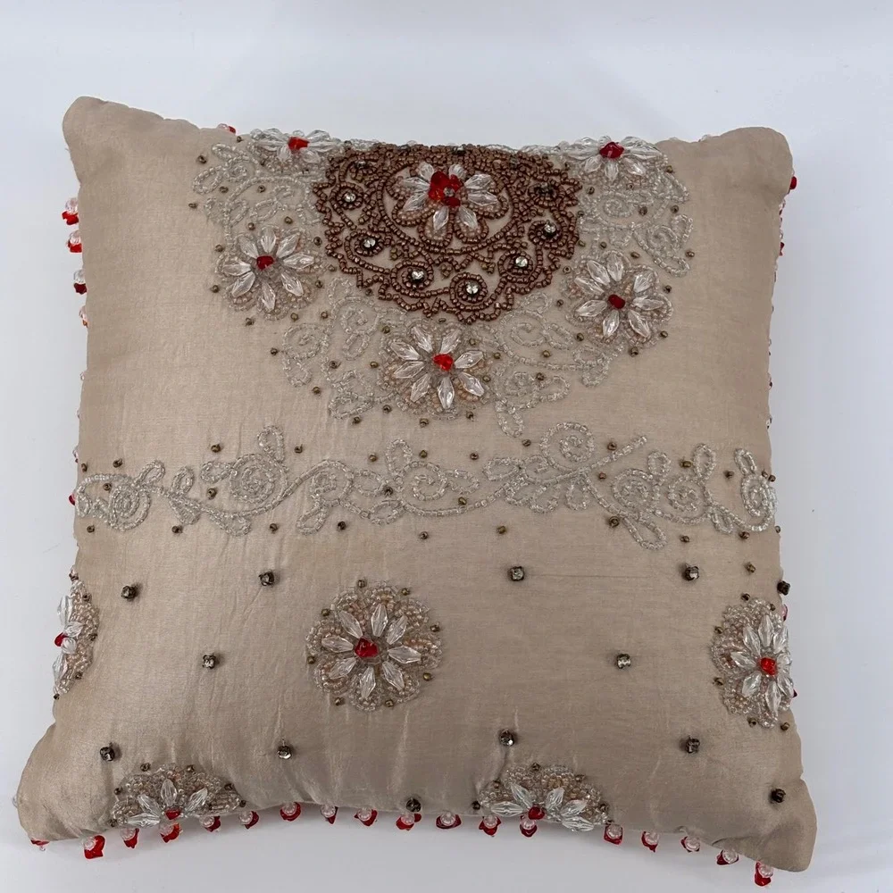 Anthropologie Beaded Silk Accent Pillow Champagne Red Embellished‎ Boho-Luxe